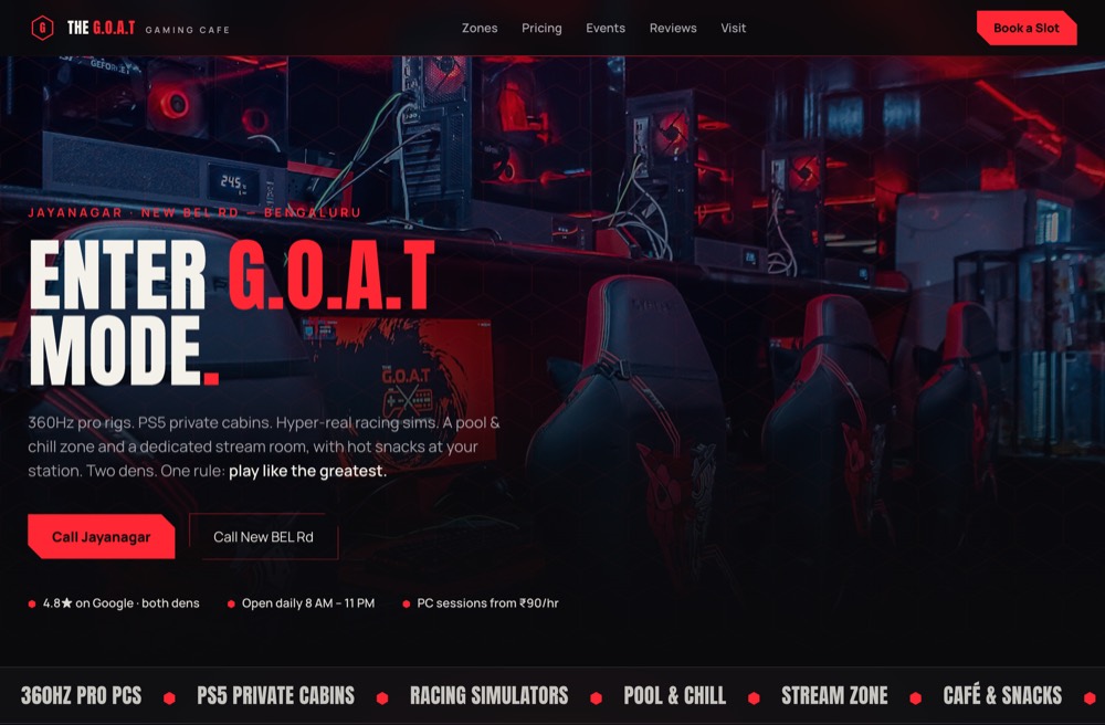 The G.O.A.T Gaming Cafe website