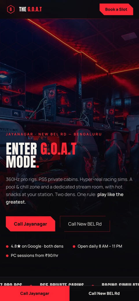 The G.O.A.T Gaming Cafe website on mobile