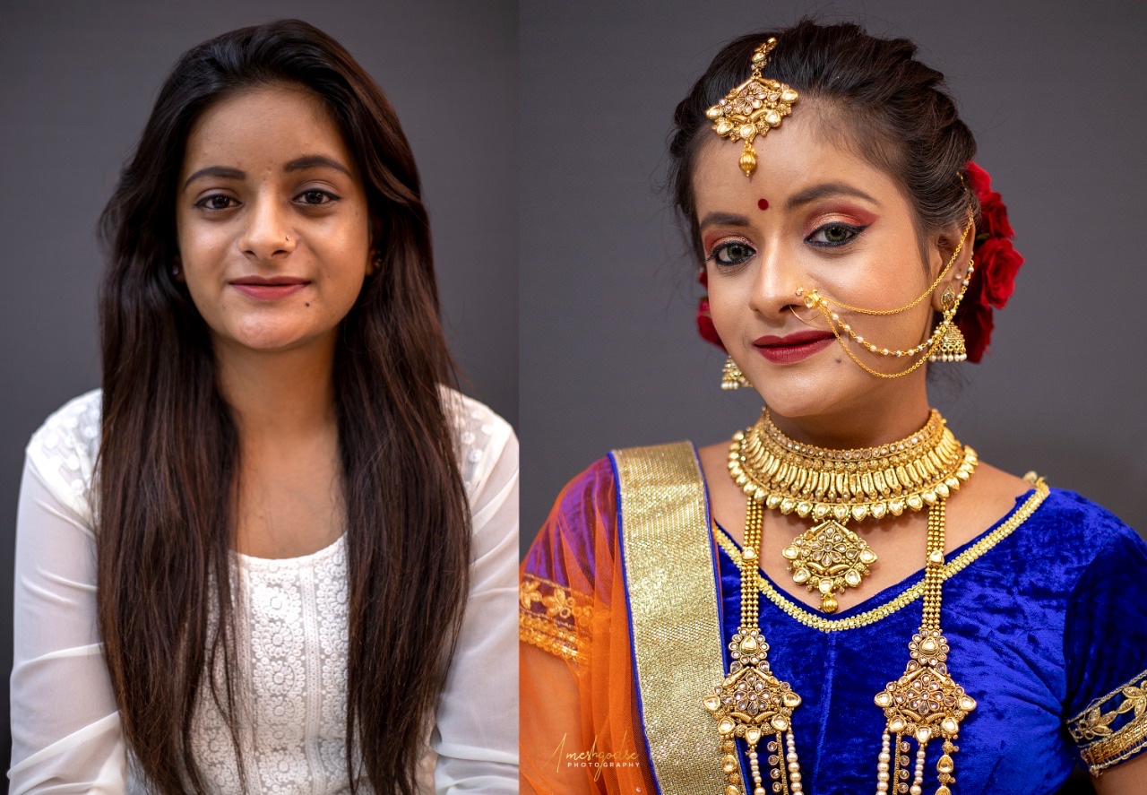 A bride's finished makeup by the Marvelous team, before and after