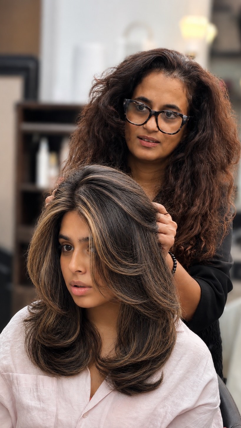 Ash-blonde face-framing balayage colour by Salon Muah